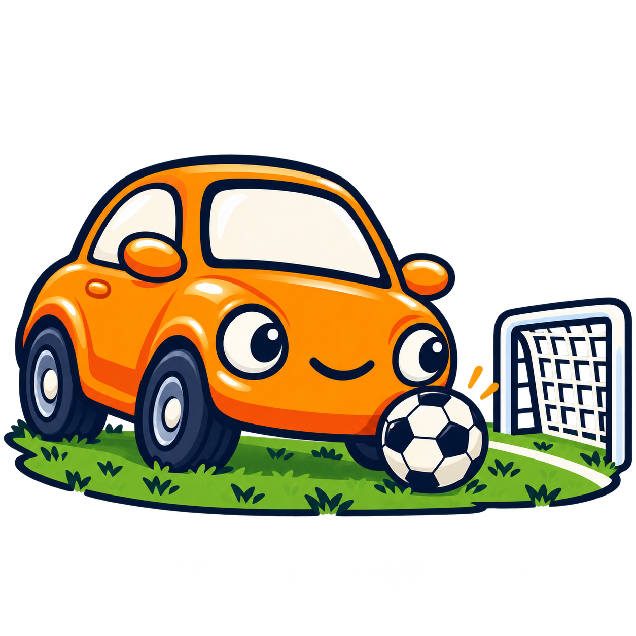Mascota portocalie lângă o minge și o poartă de fotbal